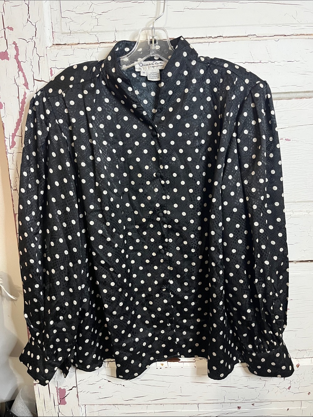 VINTAGE MCM Oscar de la Renta Black Blouse Polka Dots Sz 16 (see measures)
